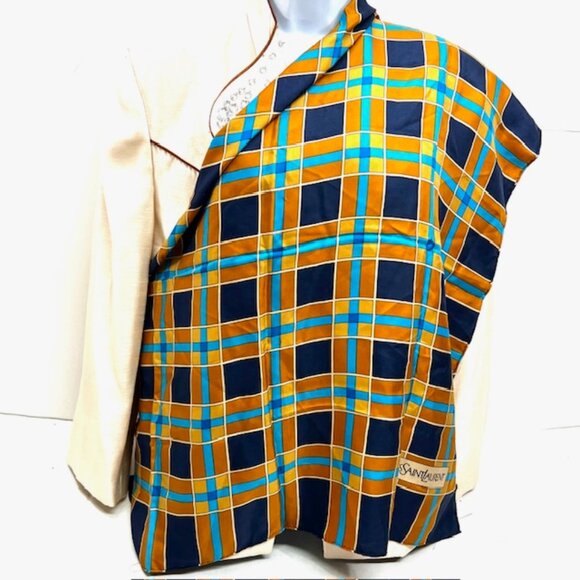 Vintage Yves Saint Laurent Scarf100% silk satin  31"Blue Rusty White Check (26) - Picture 5 of 11